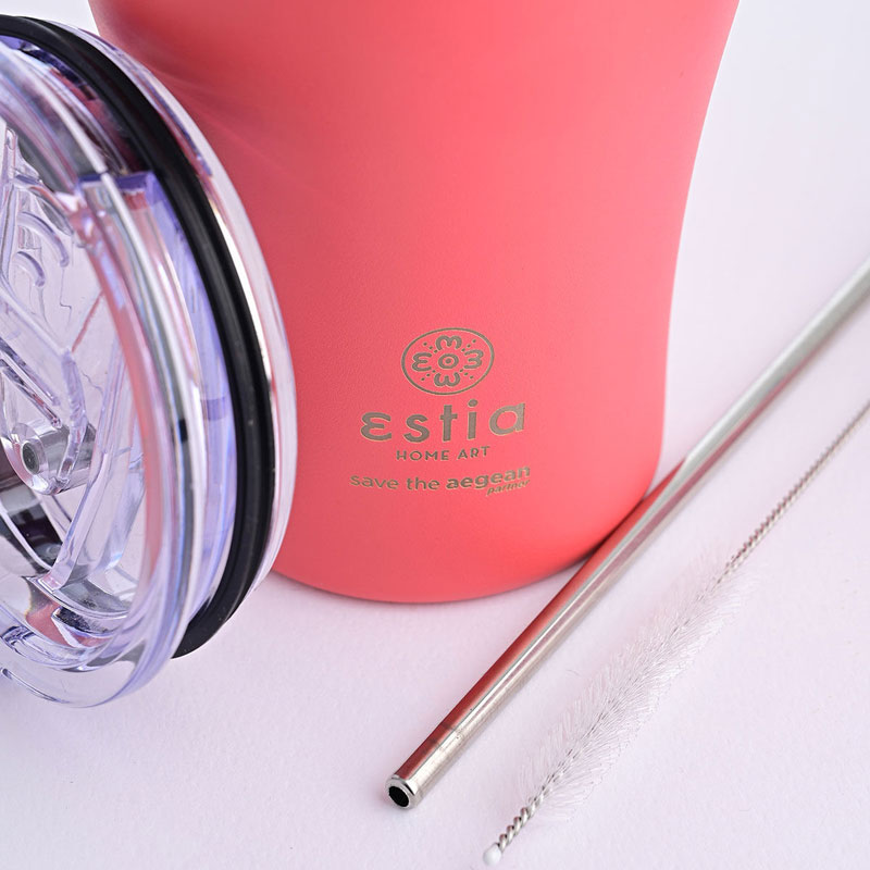 Estia Coffee Mug Ποτήρι Θερμός Ανοξείδωτο BPA Free 350ml Fusion Coral με Καλαμάκι 01-12199