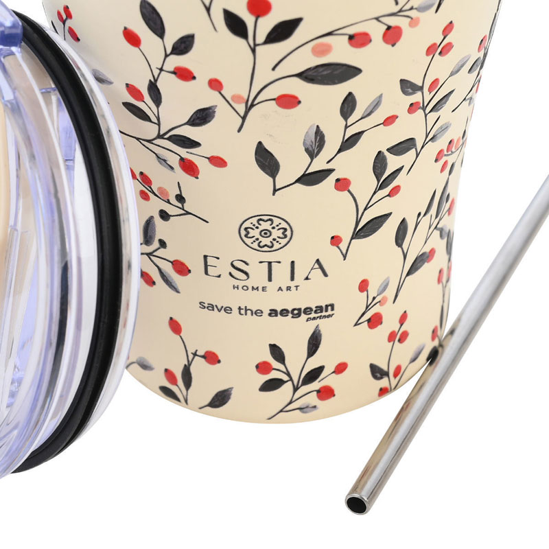 Estia Coffee Mug Ποτήρι Θερμός Ανοξείδωτο BPA Free 350ml Bloom Beige με Καλαμάκι 01-31701