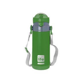 Eco Life Μεταλλικό Μπουκάλι Παιδικό 400m Πράσινο με εσωτερικό καλαμάκι & ιμάντα μεταφοράς BO-2994