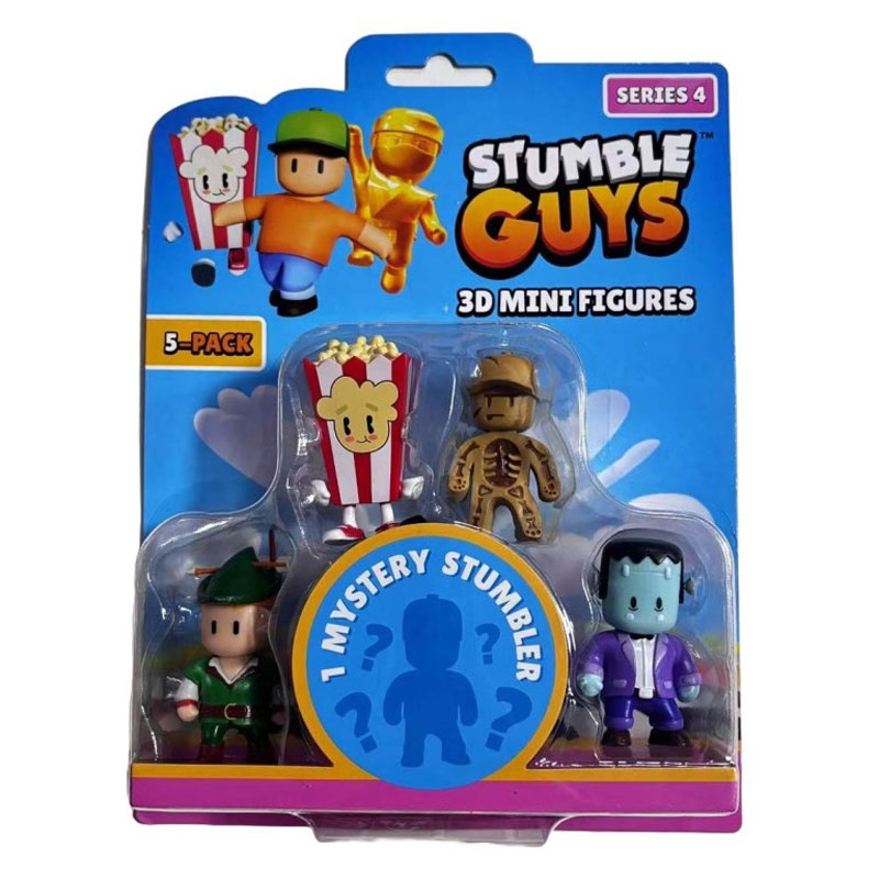 Just Toys Stumble Guys S4 3D Figures 5 Pack Green Hood,Pop Corn, Fossil Guy, Stumblestein & Mystery