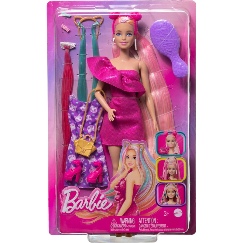 Mattel Barbie Fun & Fancy Hair With Extra-Long Colorful Blonde Hair And Glossy Pink Dress JDC85