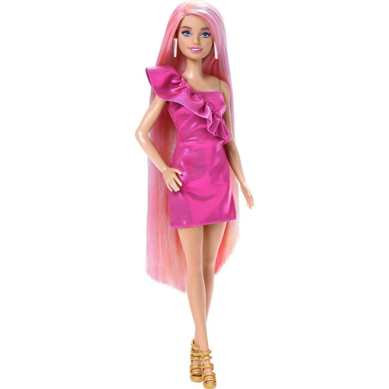 Mattel Barbie Fun & Fancy Hair With Extra-Long Colorful Blonde Hair And Glossy Pink Dress JDC85